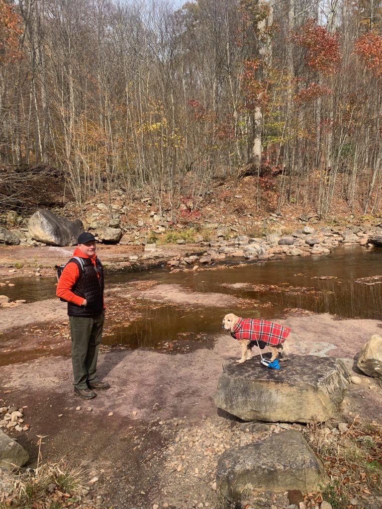 russ with dog backpack but franklin not in it