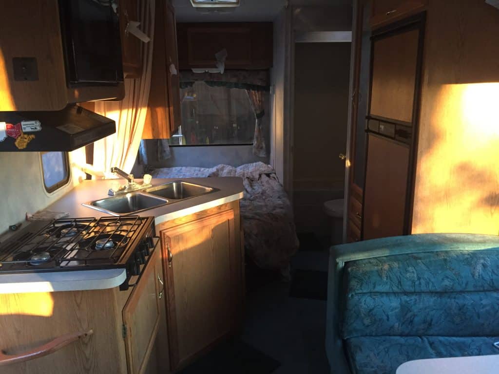 before rv makeover, rear view, cabinetry