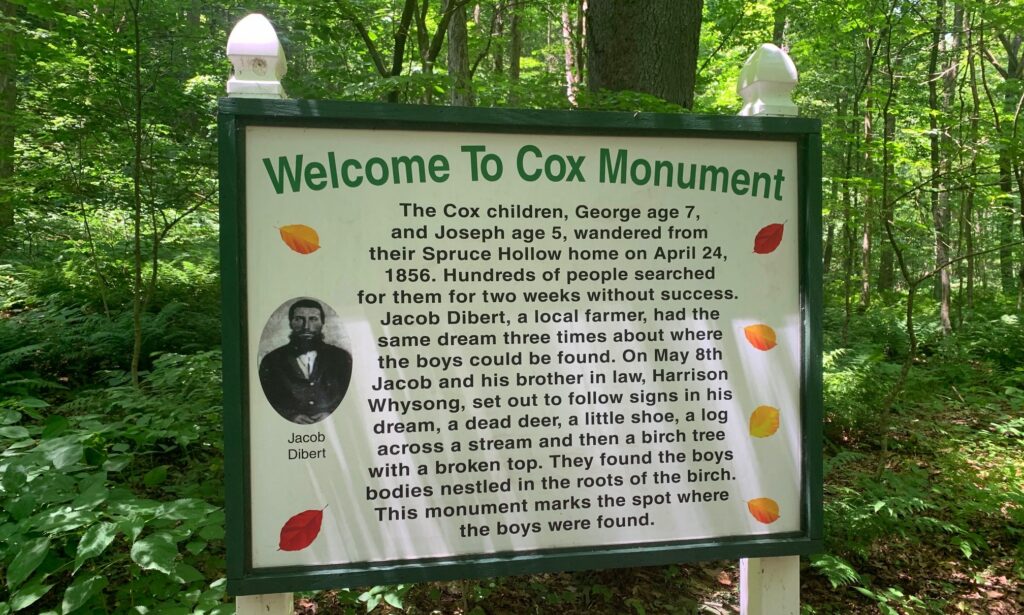 the lost cox children monument sign