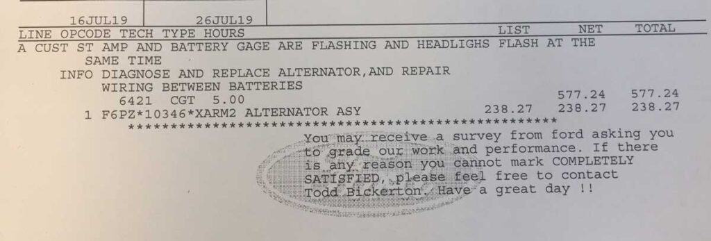 rv alternator and wiring repairs invoice