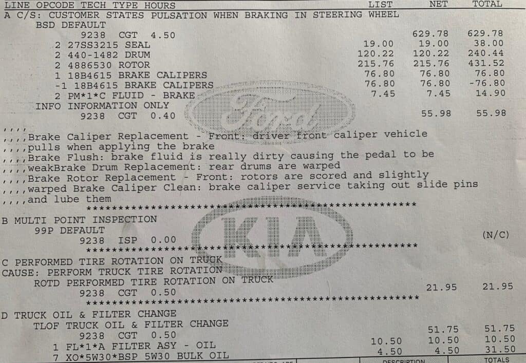 rv brake service receipt page 1