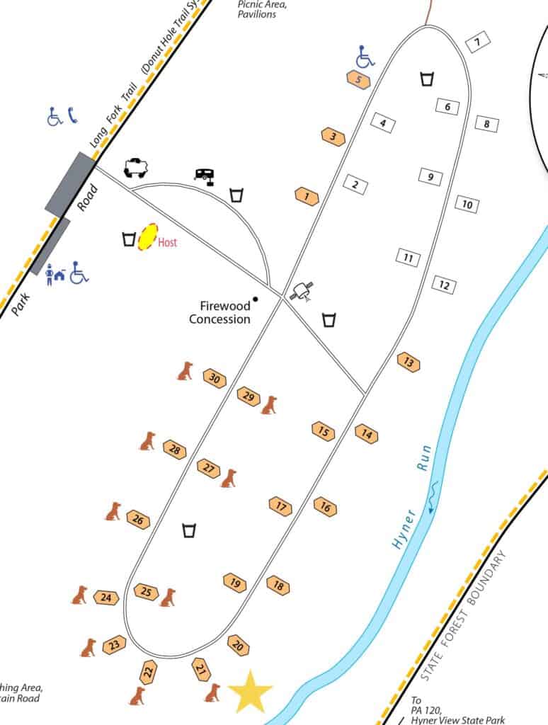 Hyner Run Campground Map with Site Star