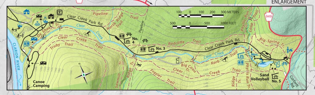 clear creek state park trail map snippet