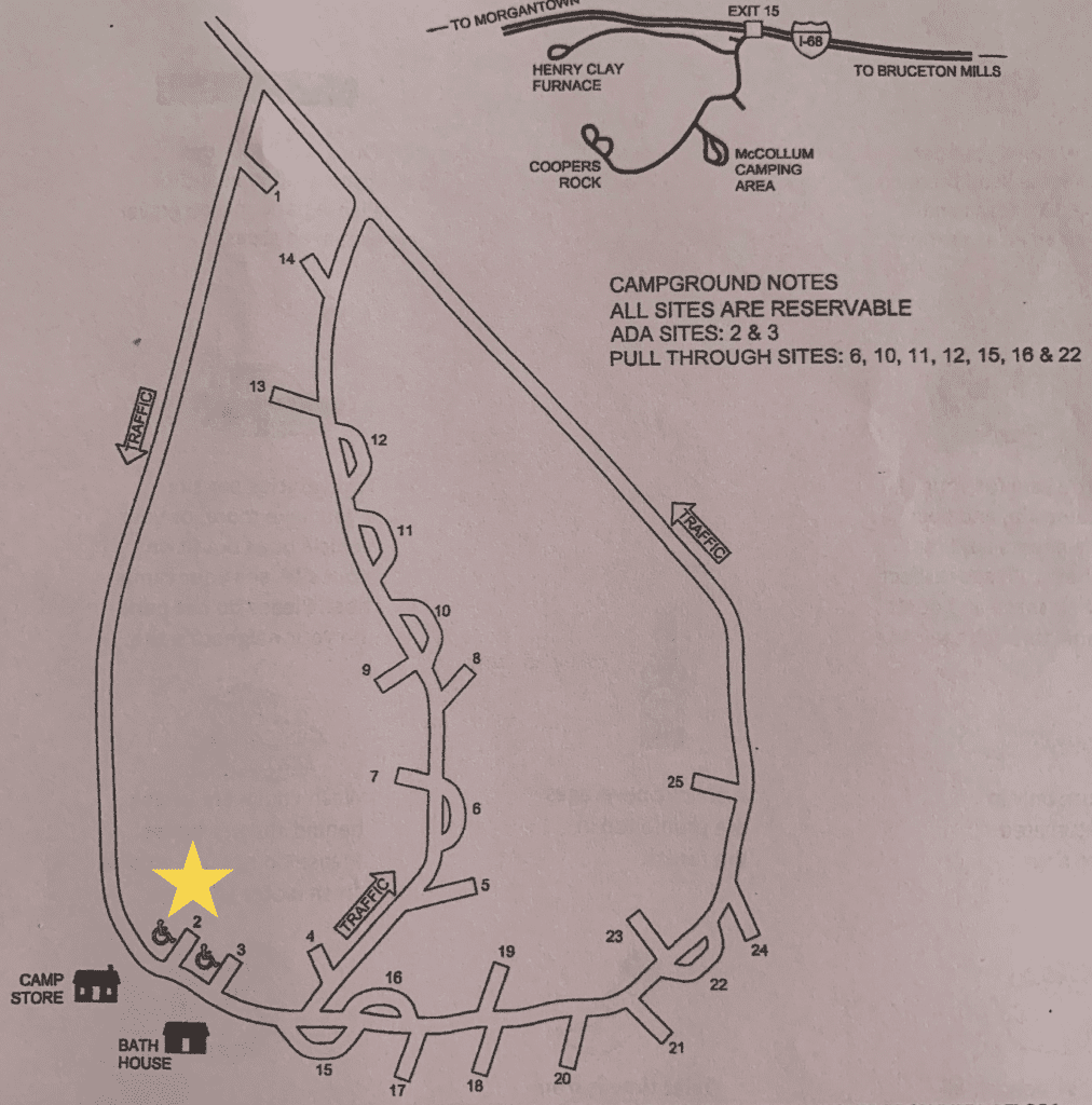 coopers rock state forest campground map with star