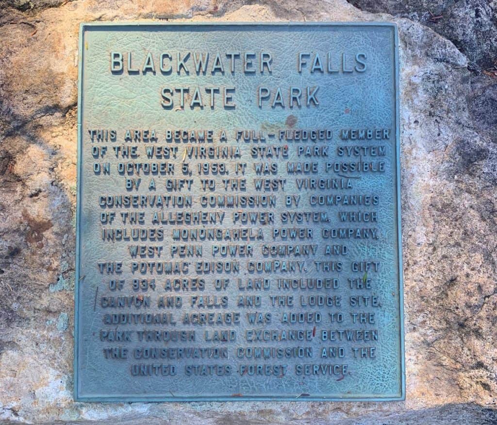 blackwater falls state park plaque