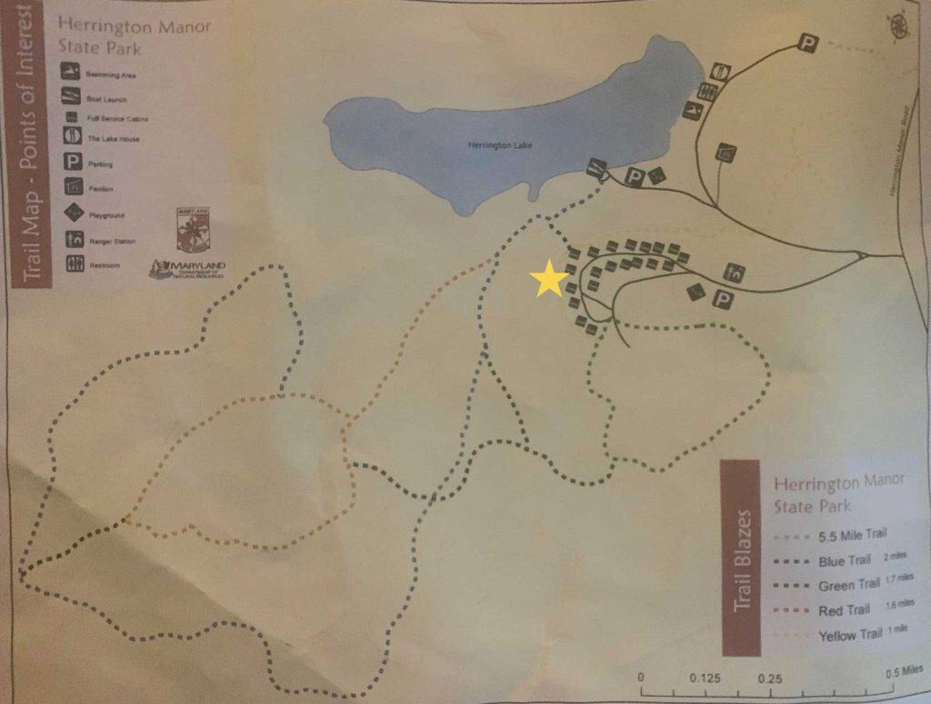 hiking map with star of herrington manor state park