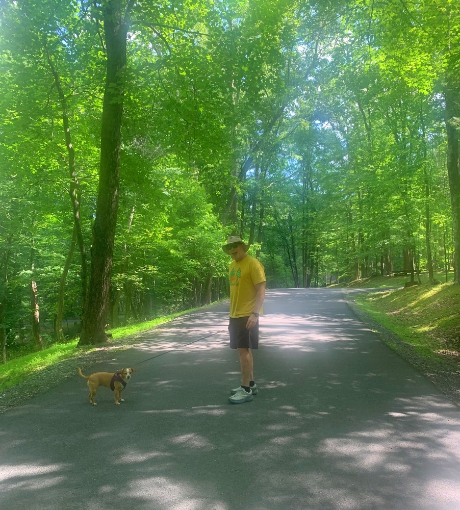 hazel and russ leaving cabin 17 to hike to cranny crow overlook at lost river state park in wv
