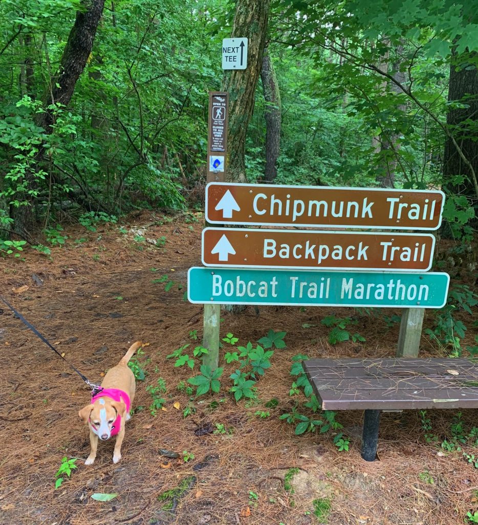 hazel at the trail sign for burr oak state park